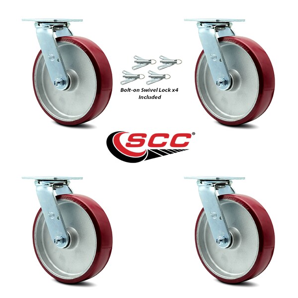 8 Inch Poly On Aluminum Swivel Caster Set With Roller Bearing And Swivel Lock